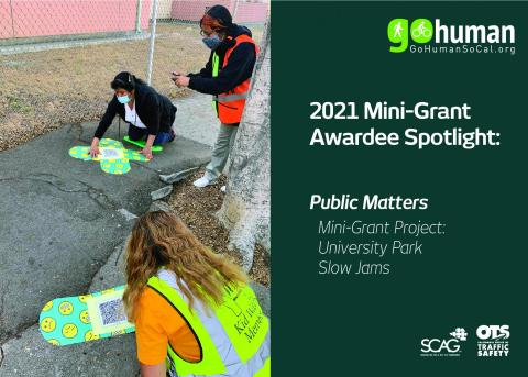 People painting a green sidewalk stencil; text about GoHuman mini-grant.